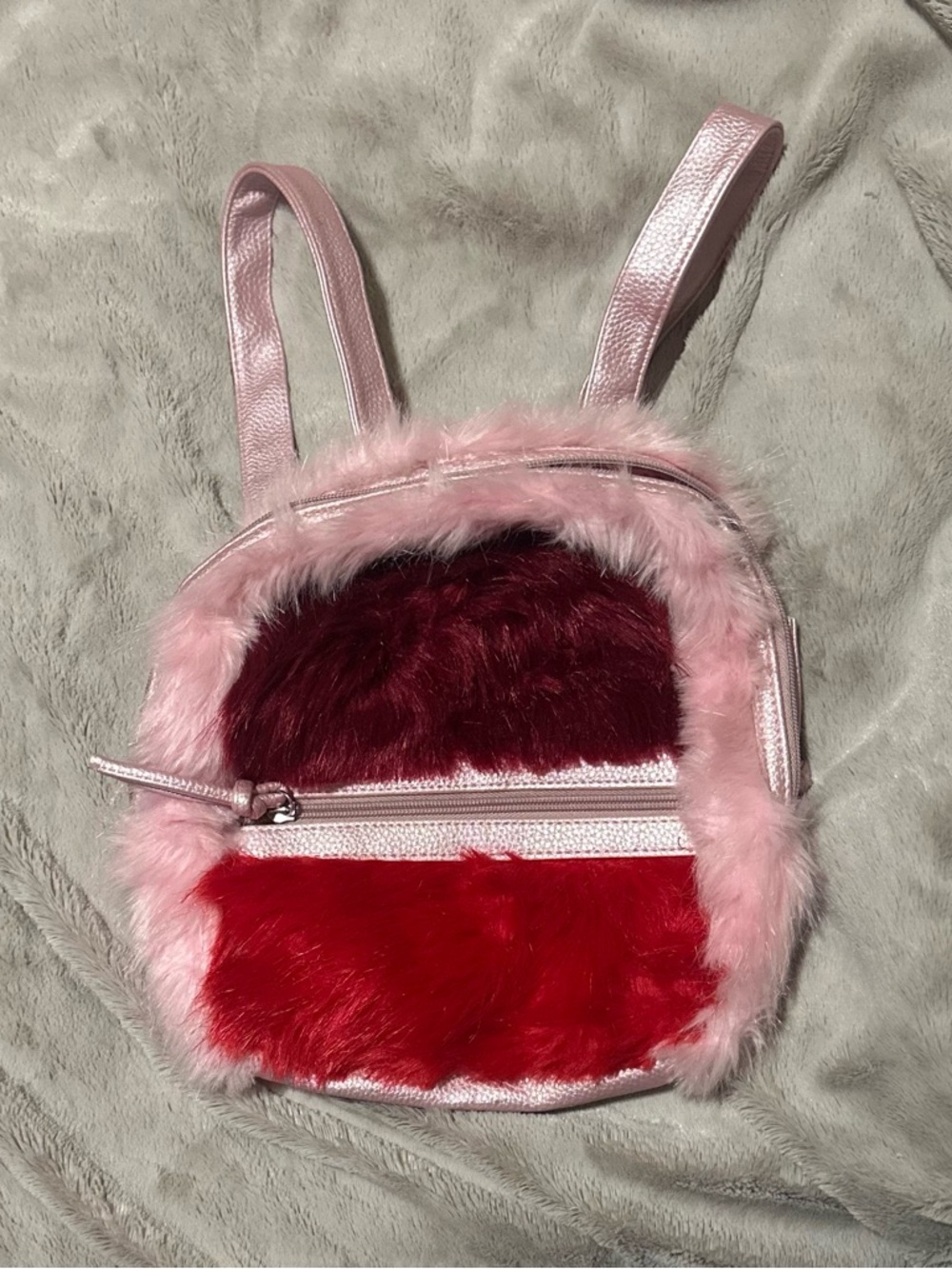 Target Pink Faux Fur Mini Backpack with Red and Burgundy Panels